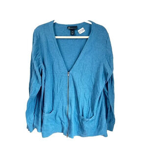Lane Bryant Womens Blue Cardigan 26/28 Zipper Front Pockets V Neck Long Sleeve